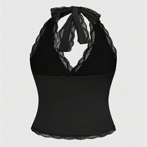 Black Lace Wrap Front Halter Tank | XXL | Backless Party Top - Picture 2 of 4